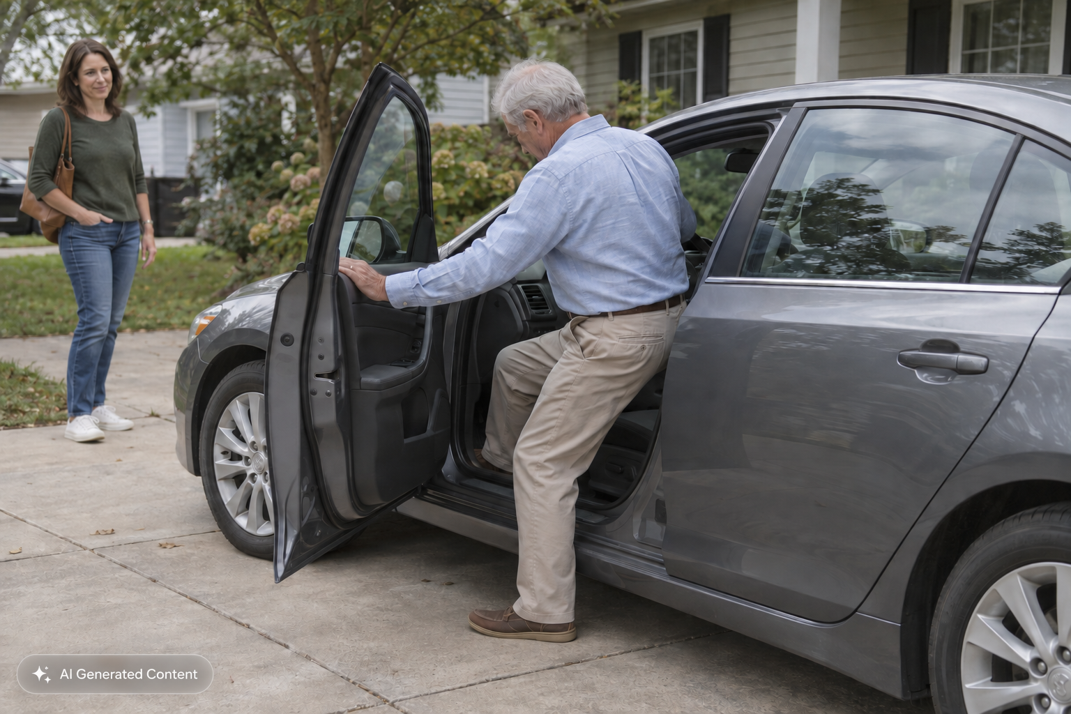  Woman watches an older man get into the driver's seat of a gray sedan