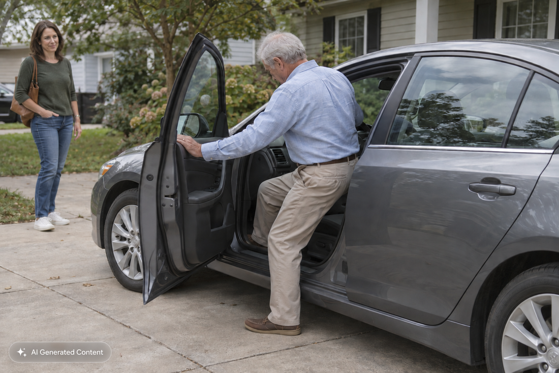  Woman watches an older man get into the driver's seat of a gray sedan