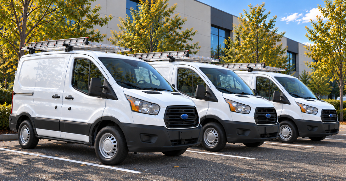 Three white work vans parked beside each other in an office building parking lot