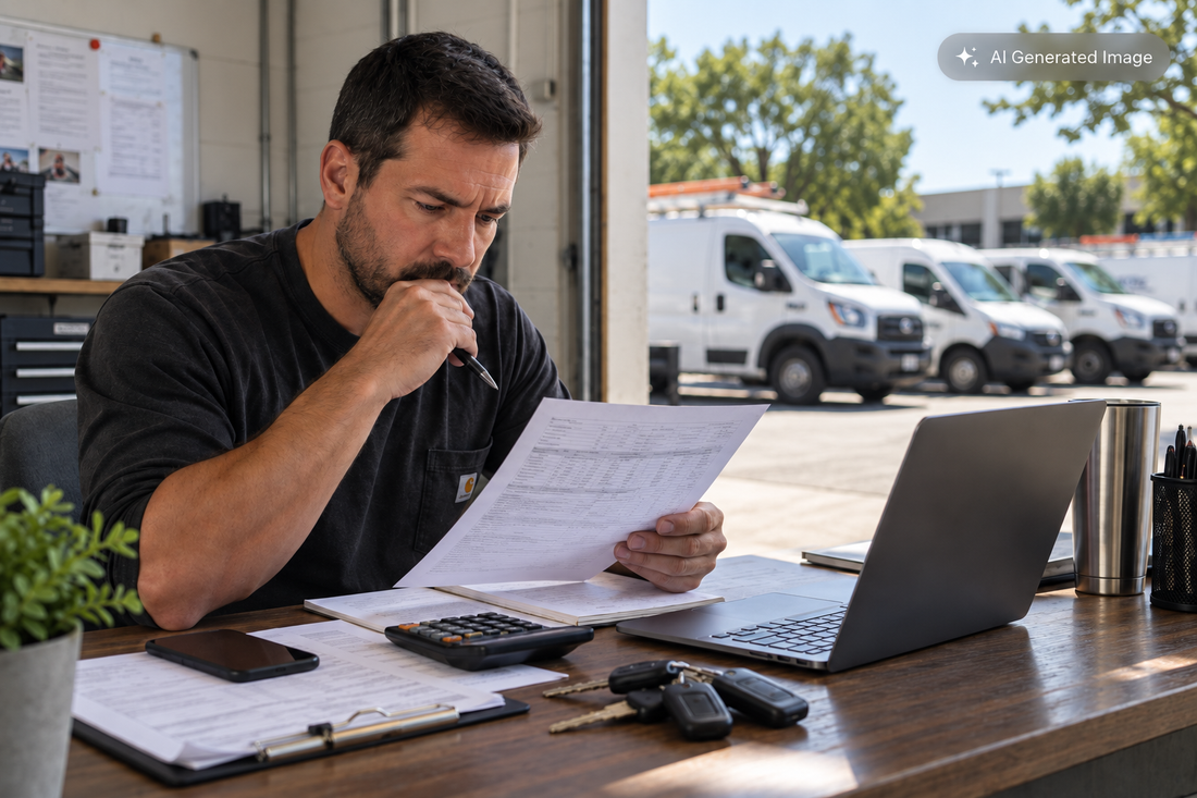 Small business owner comparing GPS fleet tracking costs, monthly pricing, and contract terms for a fleet of work vans.