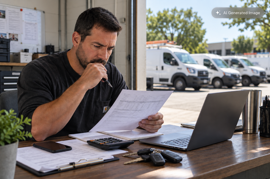 Small business owner comparing GPS fleet tracking costs, monthly pricing, and contract terms for a fleet of work vans.