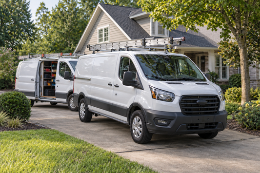 HVAC service vans with roof ladders outside a home, featured in Sonar Telematics’ guide to GPS tracking for HVAC fleets.