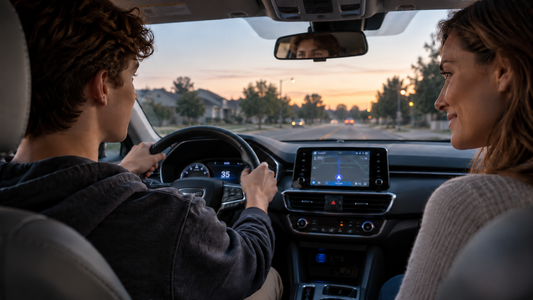 Teen driver practicing safe driving with parent passenger, illustrating GPS tracking, driving behavior monitoring, and teen driver safety.
