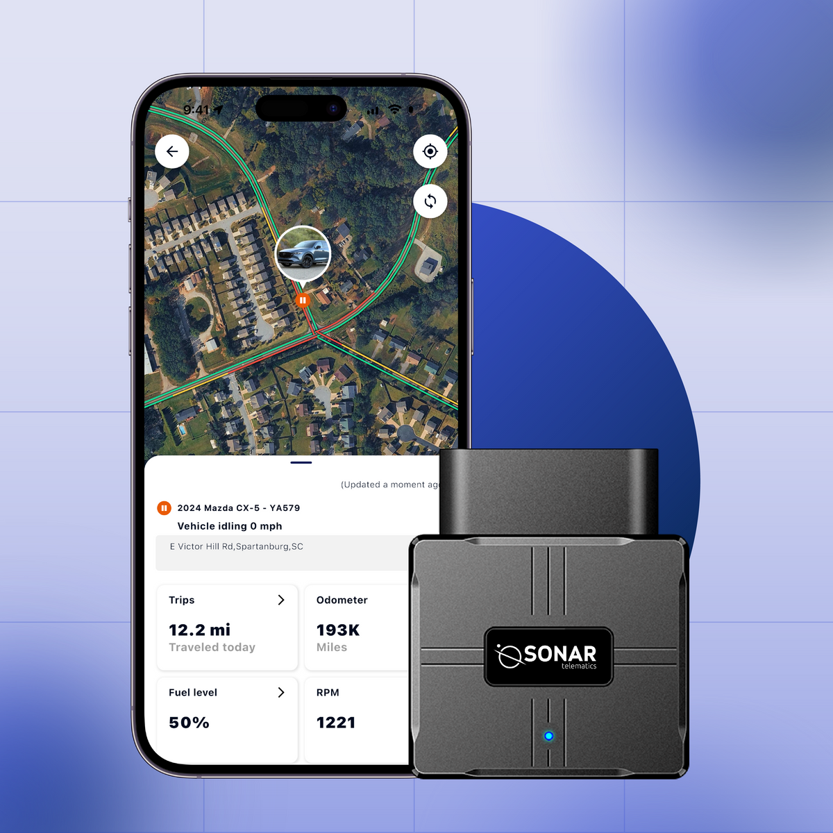 Sonar Telematics OBD2 GPS tracker and vehicle tracking app displaying real-time location, trip mileage, fuel level and engine RPM for small business fleet management.