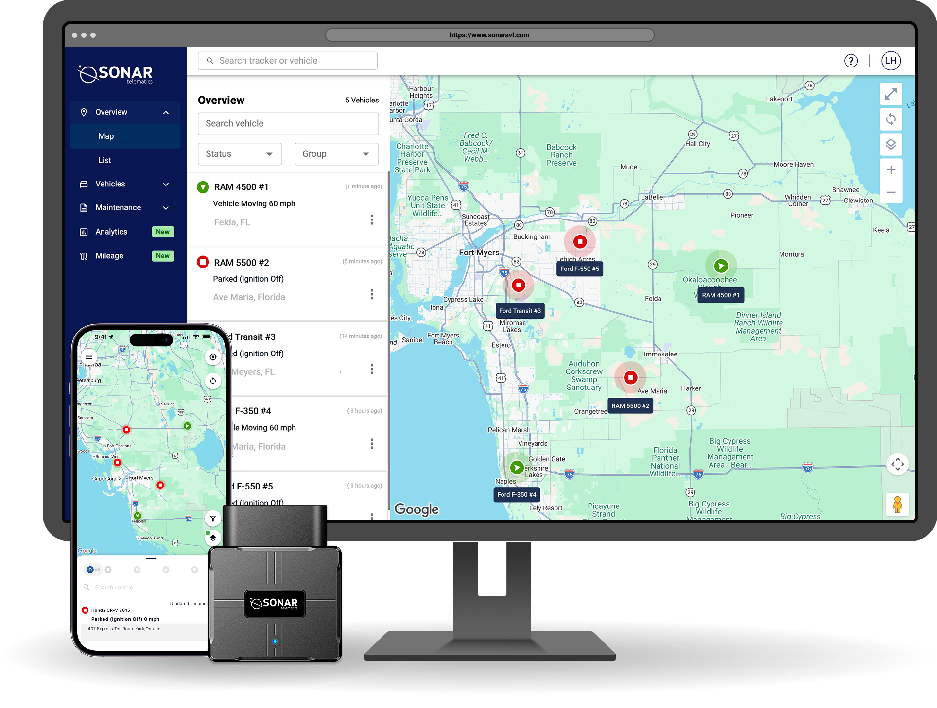 Desktop Computer and mobile phone displaying the Sonar Go Platform along side a Sonar Telematics GPS Tracker