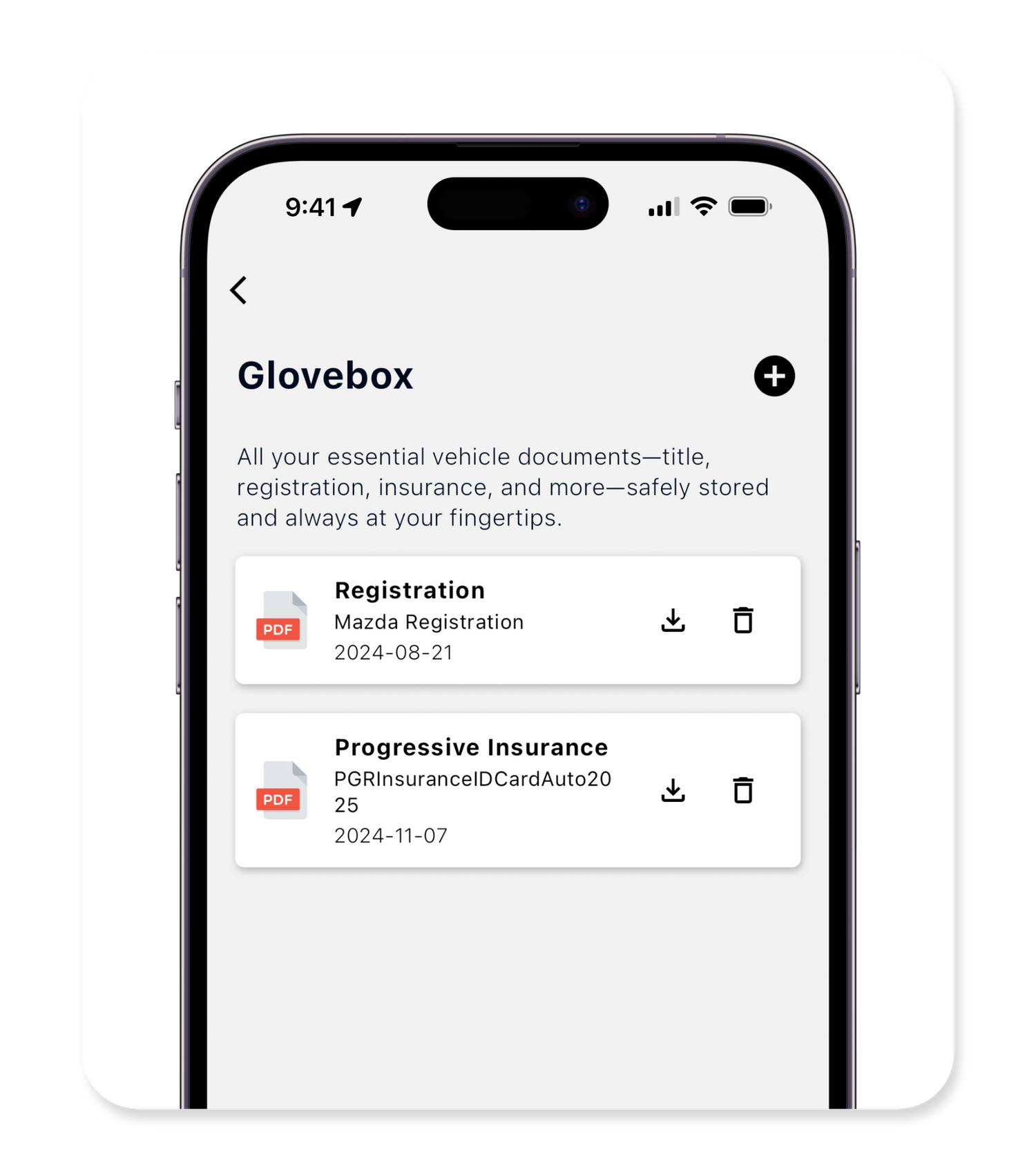 Digital glovebox for securely storing vehicle registration, insurance and important car documents