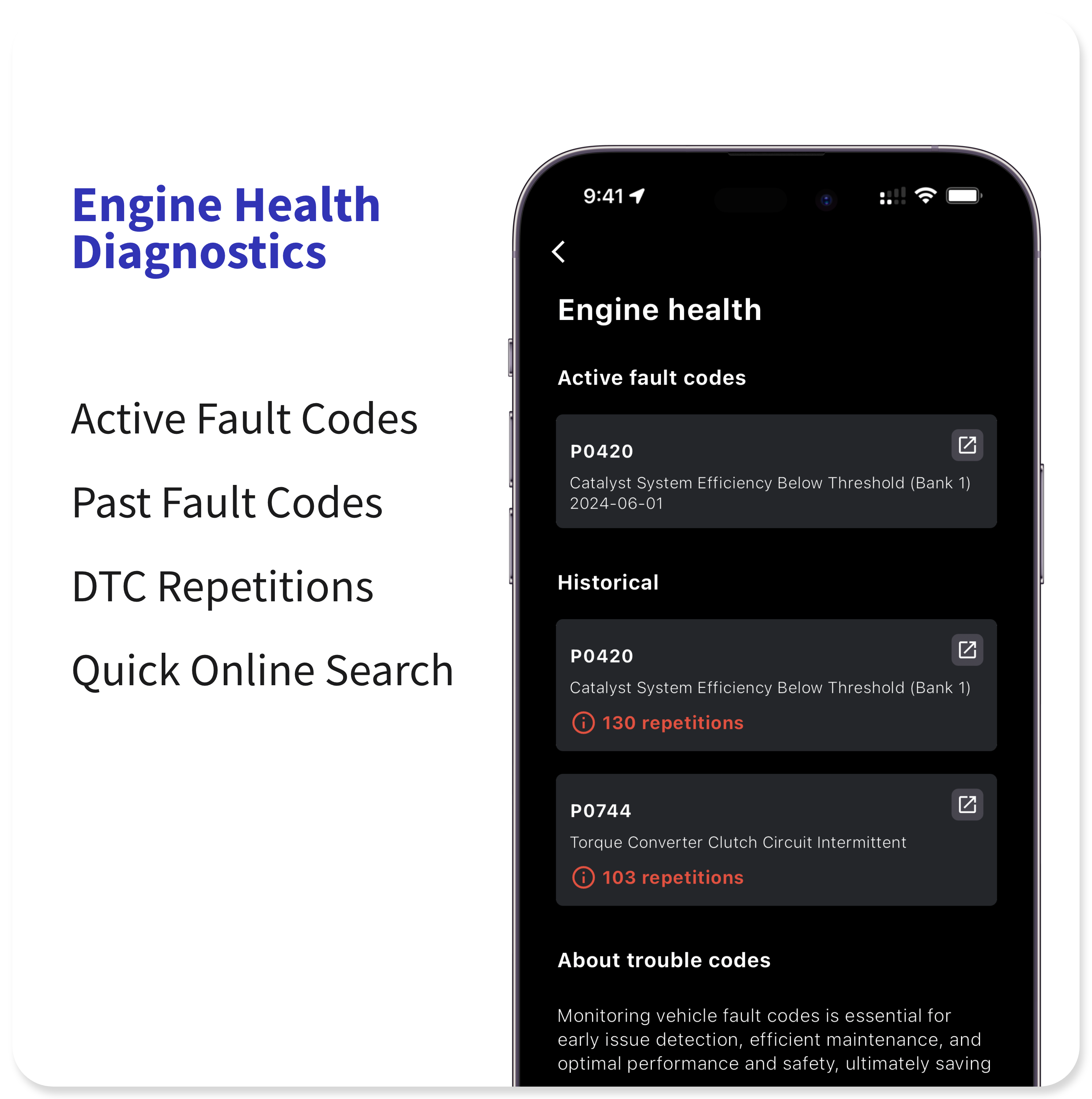 OBD-II engine diagnostics showing active fault codes, DTC history and vehicle health information