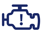 blue outline of a car engine with an explanation mark in the center