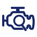 Outline of a vehicle engine. In the center is an outline of a magnifying glass.