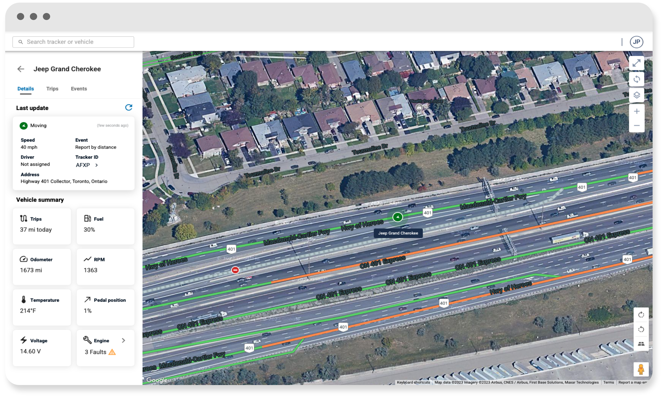 Real-time fleet tracking dashboard showing vehicle location, trips and engine diagnostics