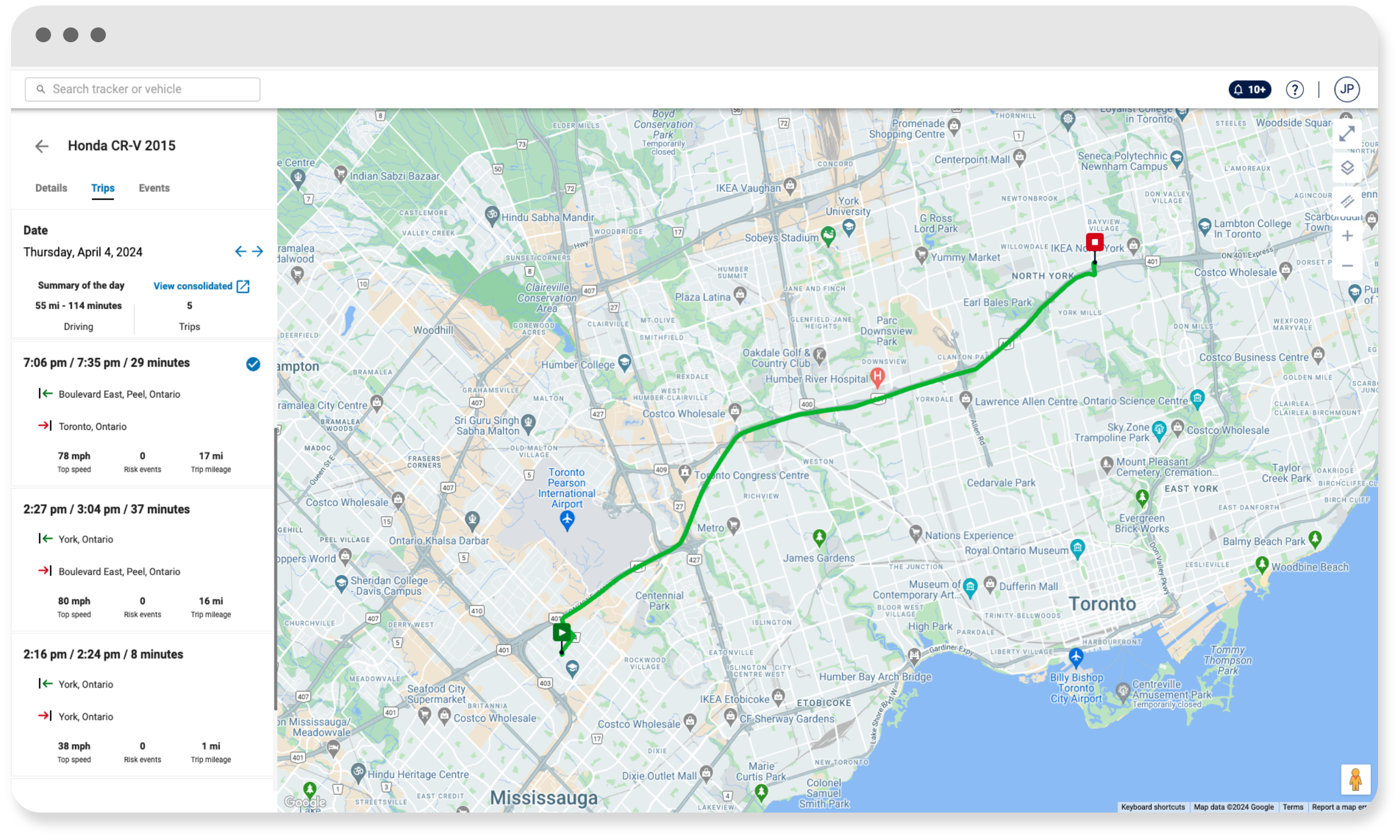 Fleet trip history dashboard showing GPS routes, trip summaries and driving activity