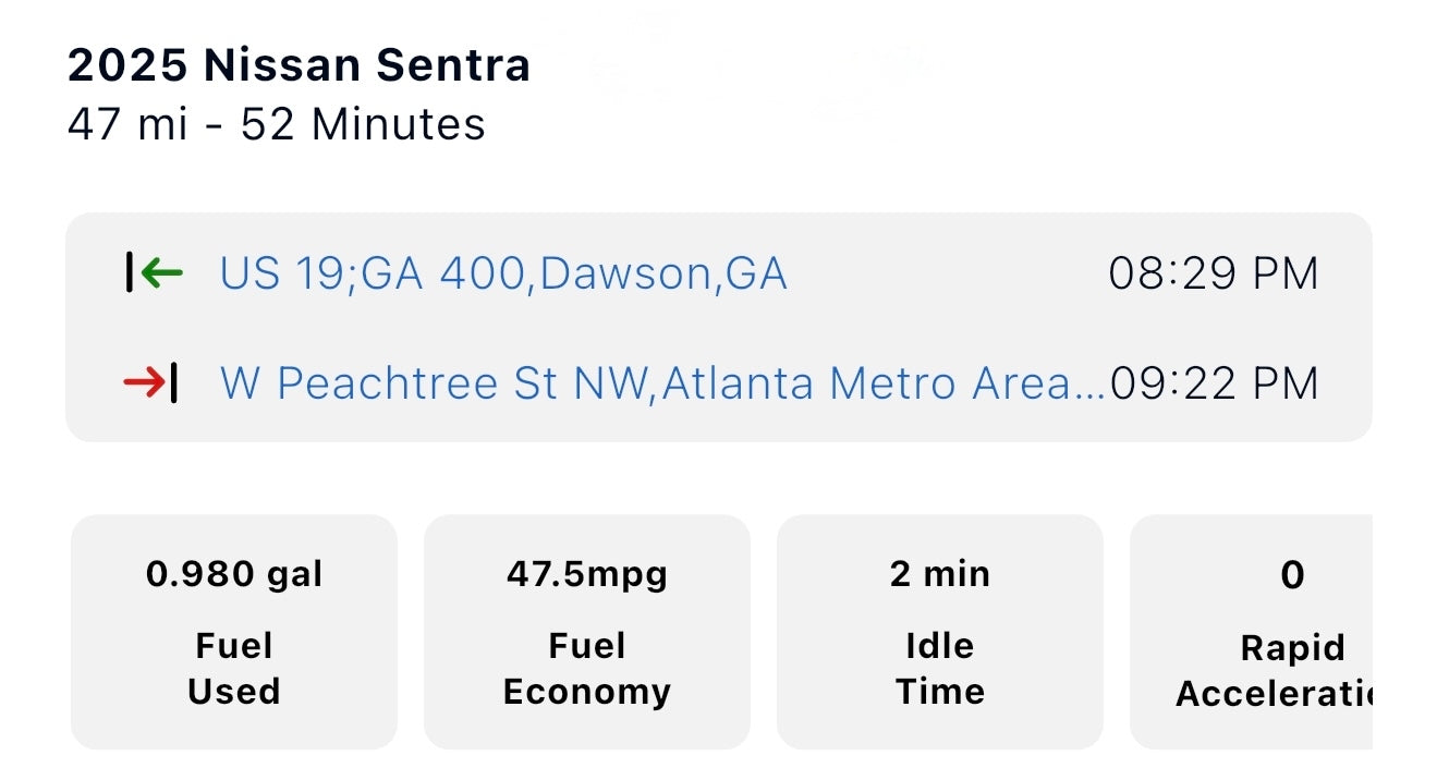 Screenshot of section from the Sonar Go App that displays the departure and arrival time and location of a route from a 2025 Nissan Sentra. Four boxes below are titled Fuel Used (0.980 gal), Fuel Economy (47.5mpg), Idle Time (2 min) and Rapid Acceleration (0)