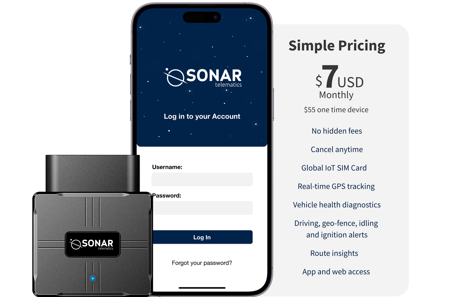 GPS tracker pricing with monthly subscription, real-time tracking and vehicle diagnostics