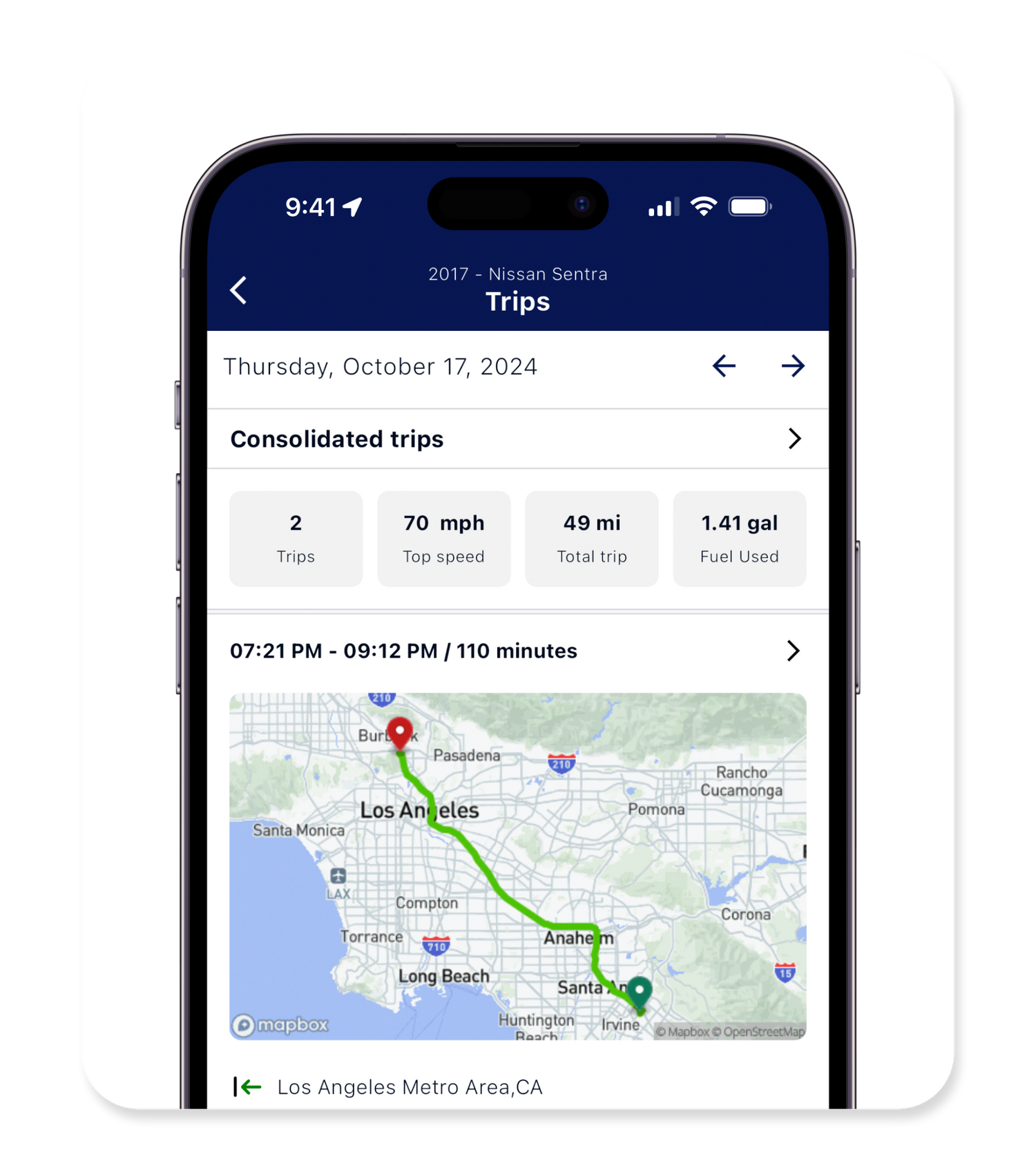 GPS tracker app displaying trip history, distance traveled and route details