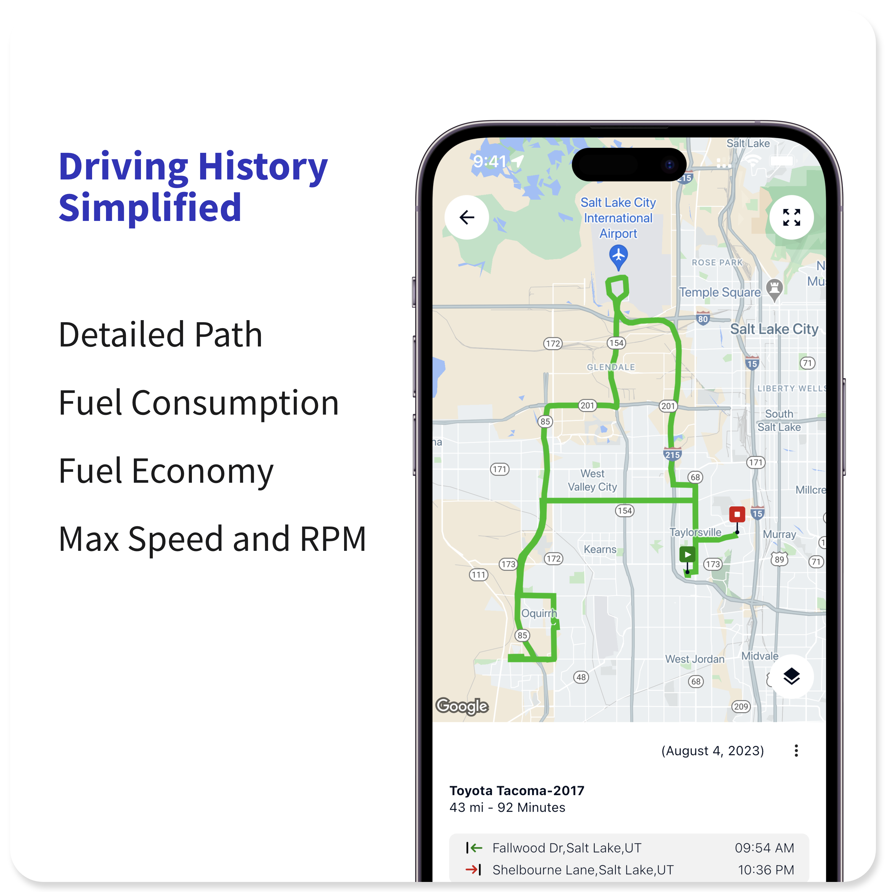 GPS trip history showing driving routes, mileage and trip details on an interactive map