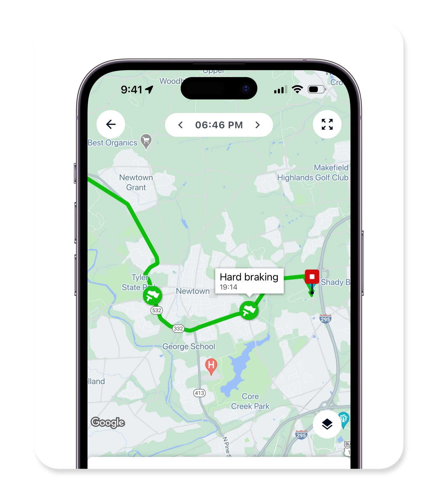 Hard braking detection with GPS route playback and driving behavior monitoring