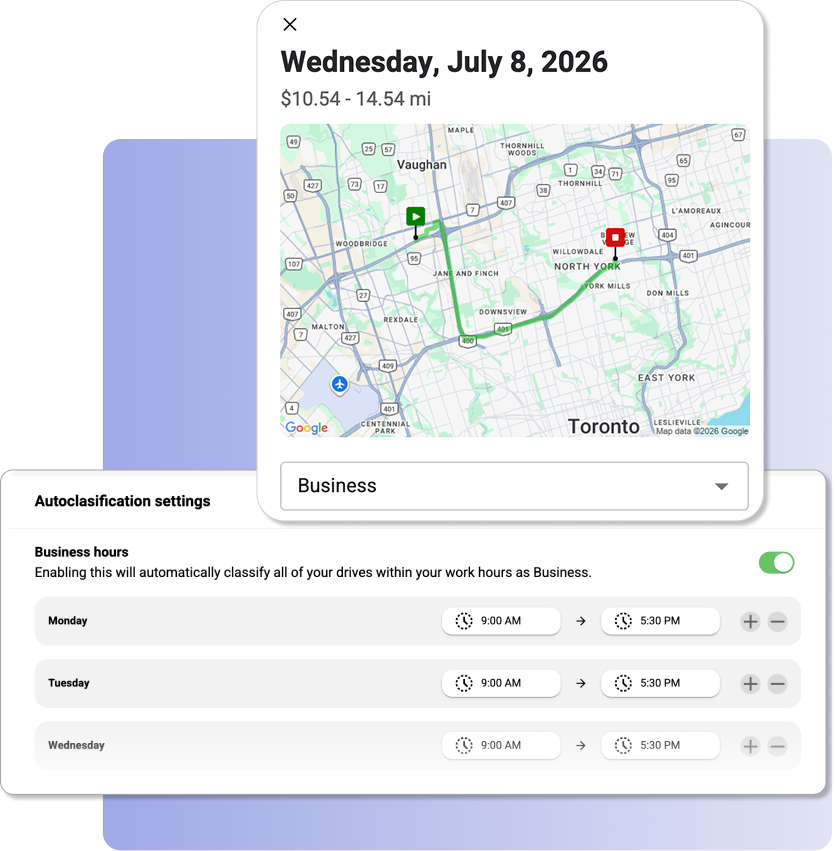 Two screenshots positioned on top of a light purple square backdrop with rounded edges. The first screenshot  positioned on towards the top features a map and displays a route with its start point and end point marked, cost and distance. A drop down is below to select the route type. The bottom screenshot displays the days of the week so the user can auto classify routes depending on the time of day.
