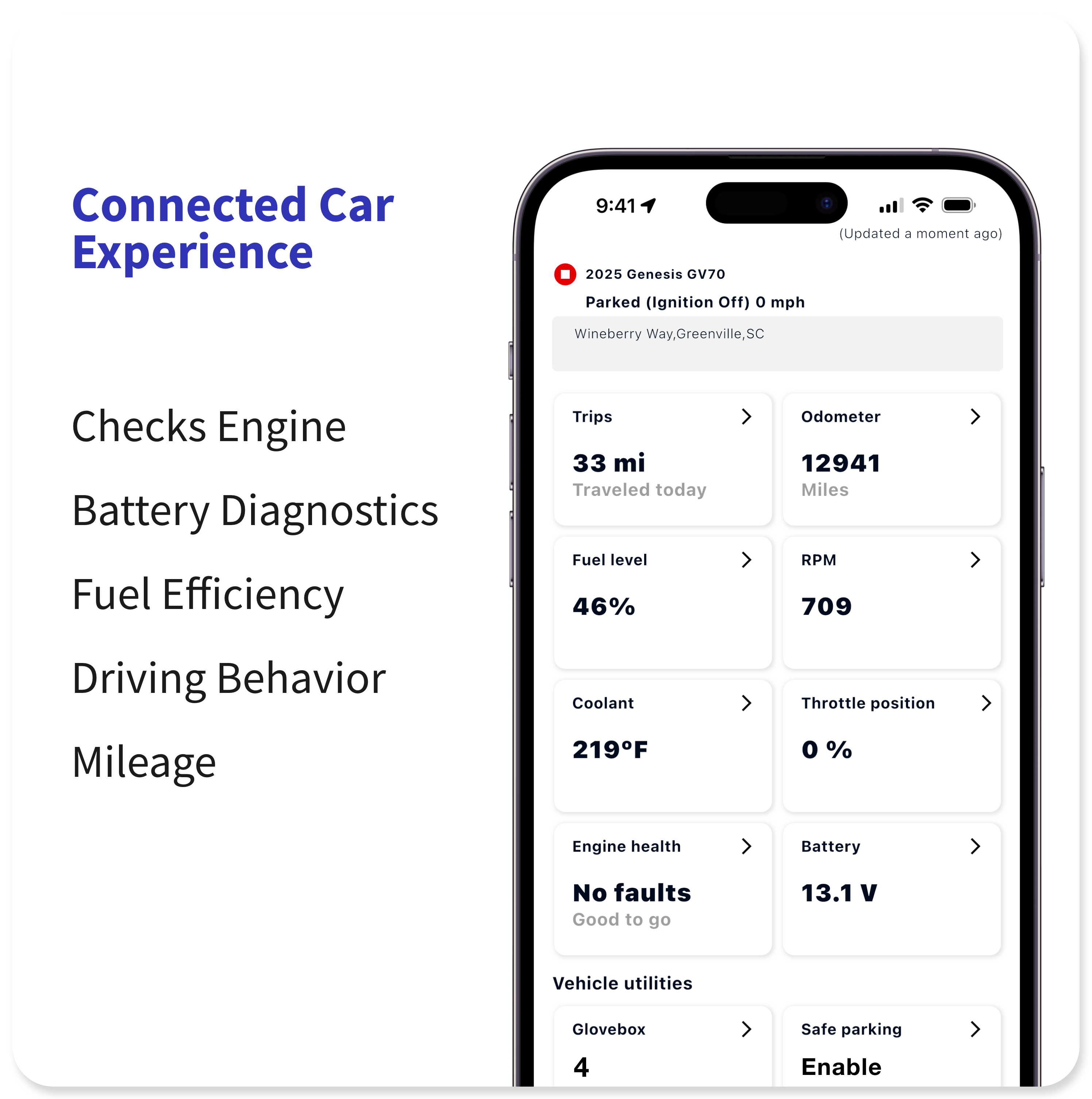 Connected car platform displaying live vehicle diagnostics, trips, fuel level and battery status