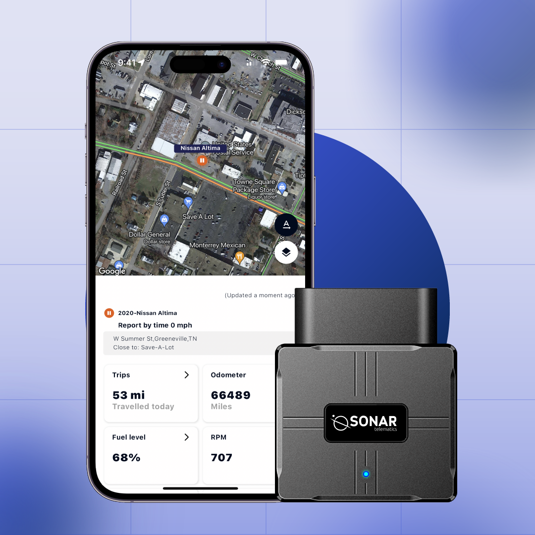 Sonar OBD-II GPS tracker showing live vehicle location and real-time driving data in the mobile app