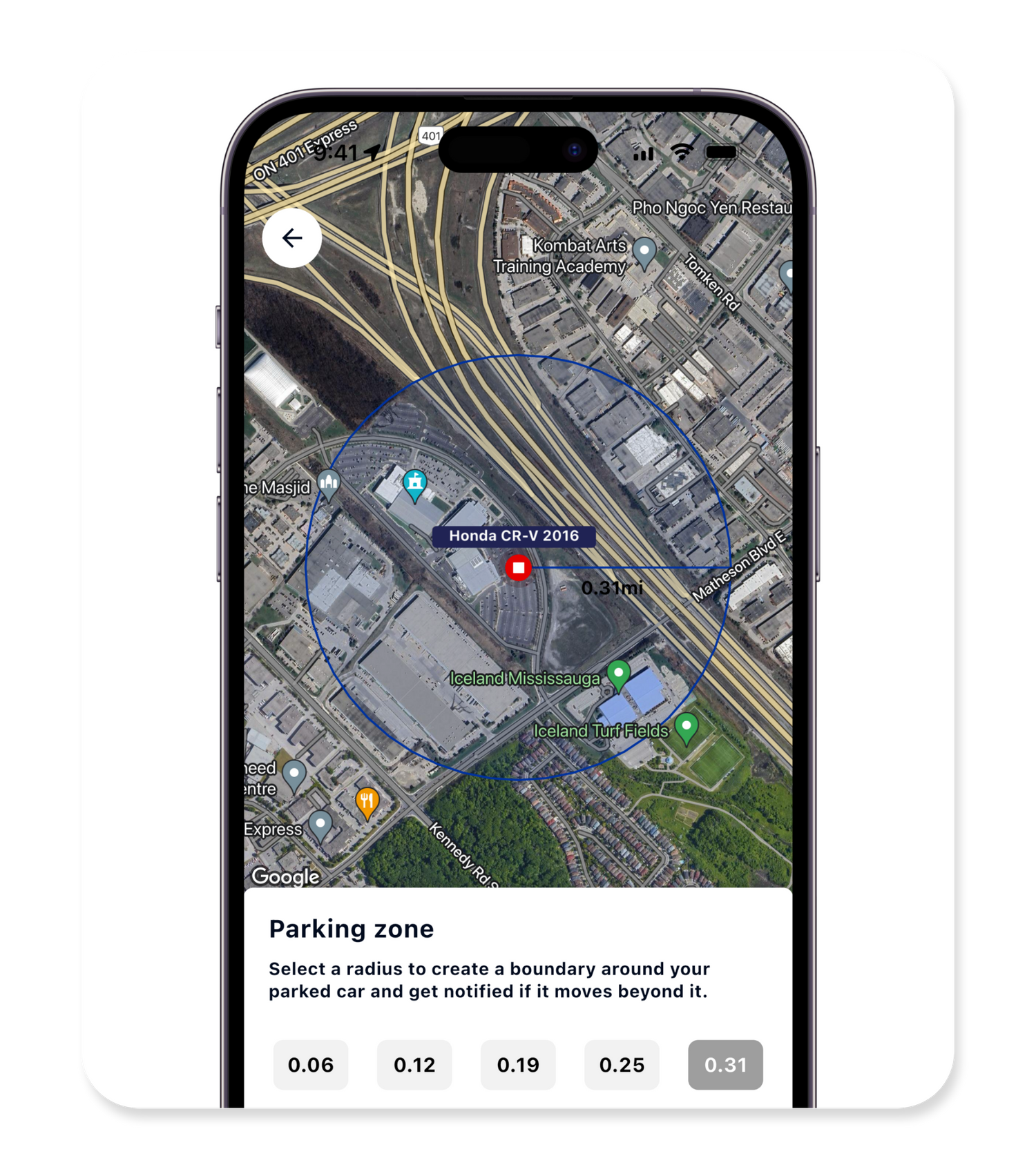 Parking zone geofence with real-time alerts when a parked vehicle leaves the designated area