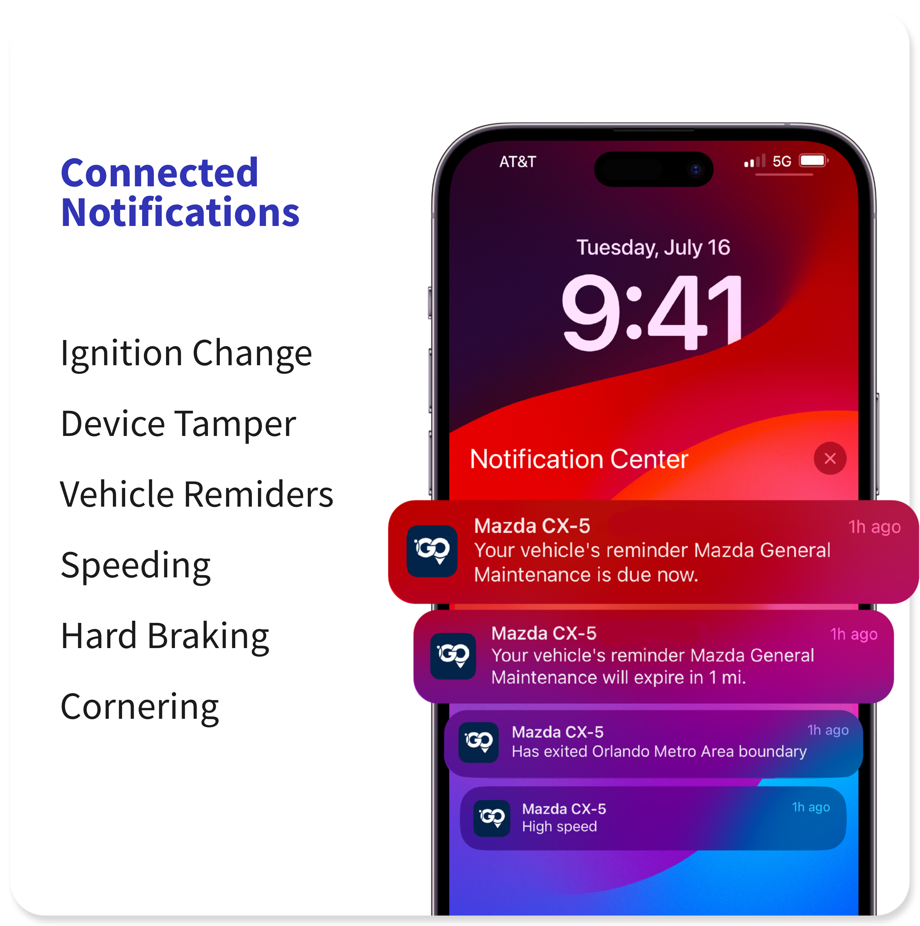 GPS tracker app displaying real-time vehicle notifications for speeding, maintenance and driving events
