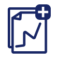 Outline of two documents stacked onto of each other. The top page has the top left corner dog eared. The right hand corner is a plus sign. On the top page is a line graph with a single line.