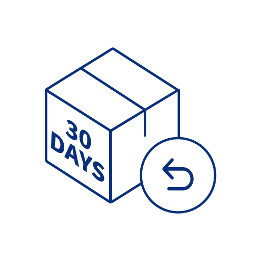 Blue Outline of a 3D box labeled 30 days behind a blue circle outline that contains a an arrow forming a half circle