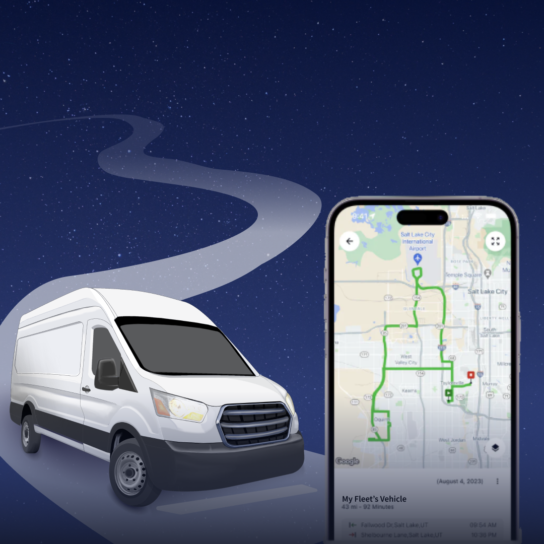 Van driving down a winding road in space. To the left is a screenshot of the Sonar Go app displaying route history of a vehicle. 