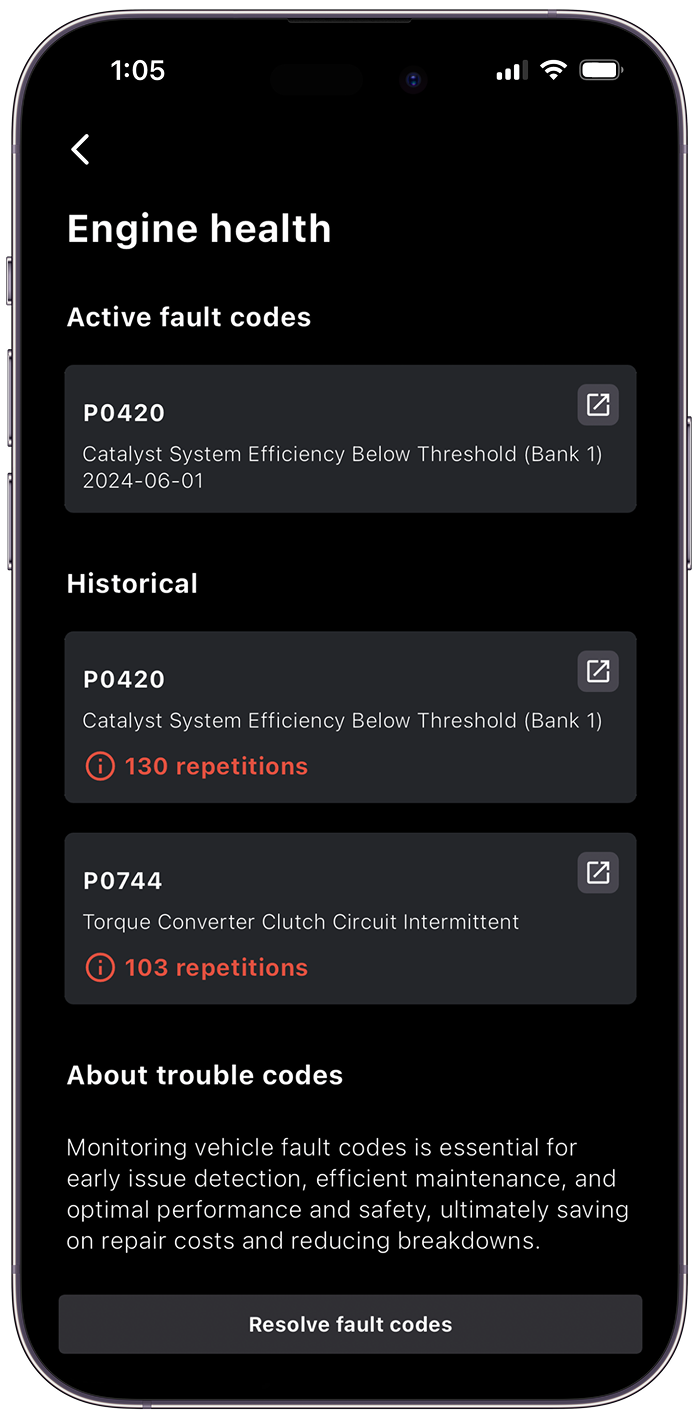 Screenshot of a page titled Engine Health from Sonar Go app. The page lists Active fault codes and historical fault codes.