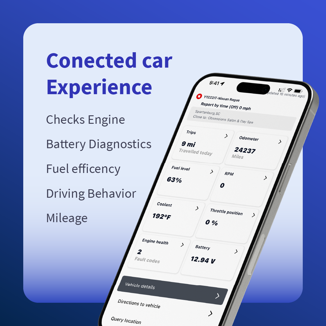 Sonar Telematics connected car app showing engine checks, battery diagnostics, fuel efficiency, driving behavior and mileage