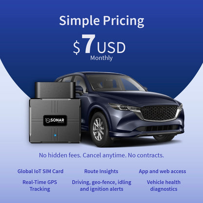 Sonar GPS tracker for cars with $7 monthly vehicle tracking, geofencing, route insights and vehicle diagnostics