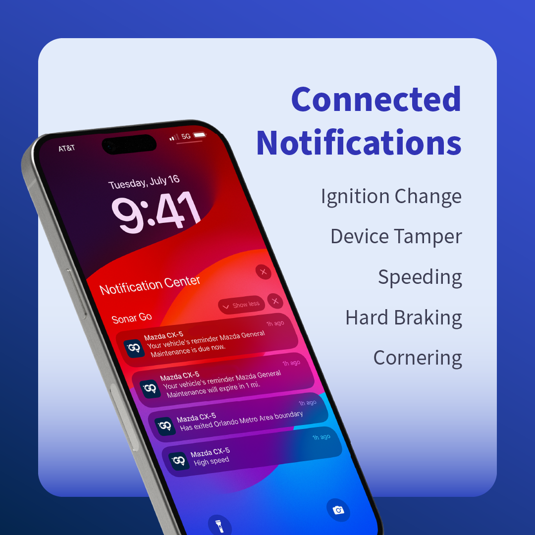 Sonar Telematics connected vehicle notifications for ignition changes, device tampering, speeding, hard braking and cornering alerts