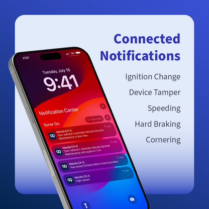 Sonar Telematics connected vehicle notifications for ignition changes, device tampering, speeding, hard braking and cornering alerts