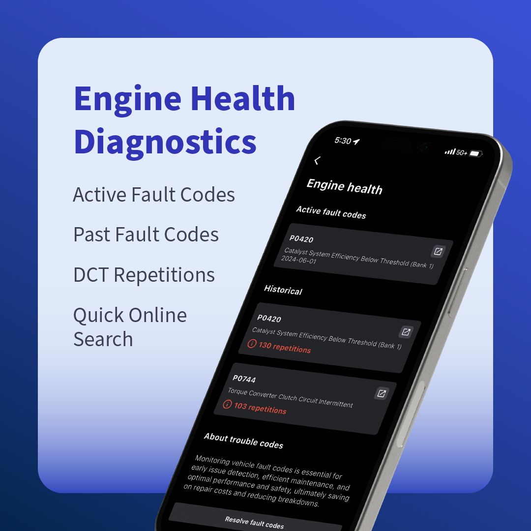 Sonar Telematics engine health diagnostics showing active and historical OBD2 fault codes with diagnostic trouble code tracking