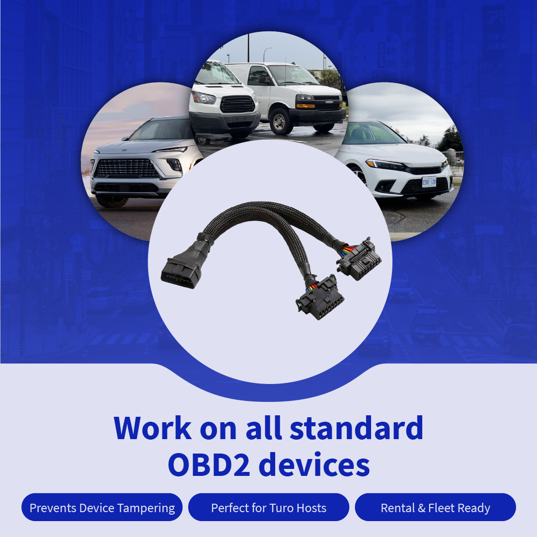 Sonar Telematics OBD2 splitter cable for GPS tracker installation in fleet, rental and Turo vehicles while helping prevent device tampering