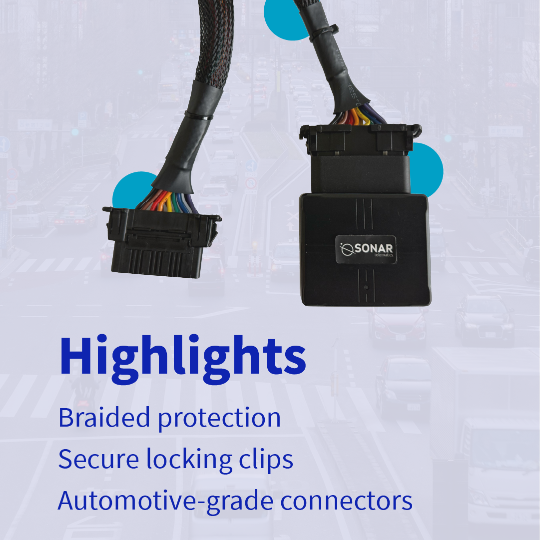 Sonar Telematics OBD2 splitter cable with braided protection, secure locking clips and automotive-grade connectors for GPS tracker installation