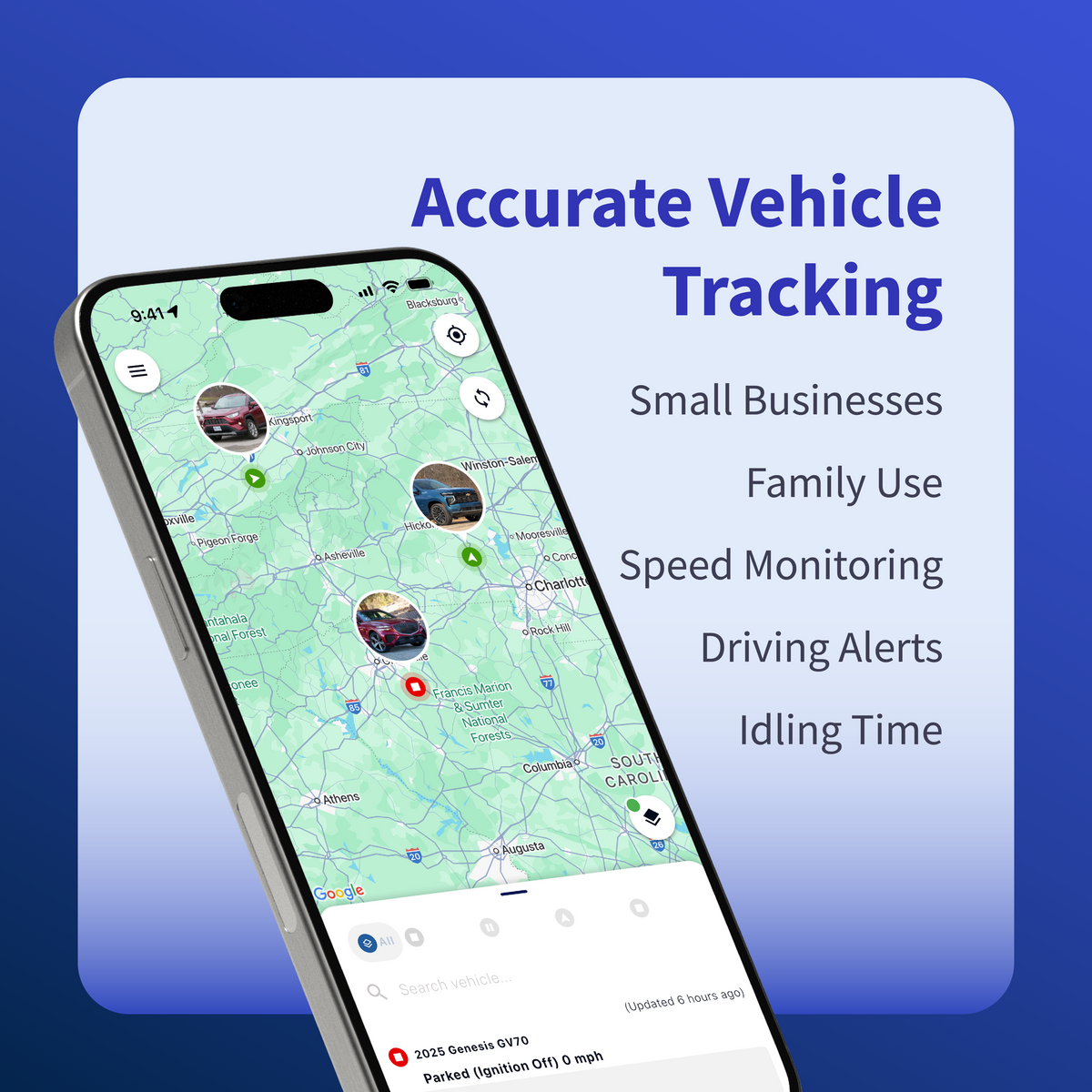 Sonar Telematics GPS vehicle tracking app showing real-time location, speed monitoring, driving alerts and idling time