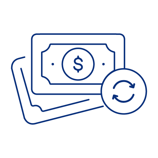 Two stacked blue outlines of banknotes behind a circle outline that contains two arrows that form a circle with two openings.