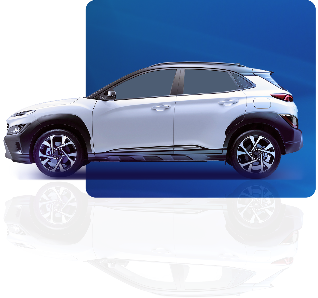 White SUV inftont of a blue square