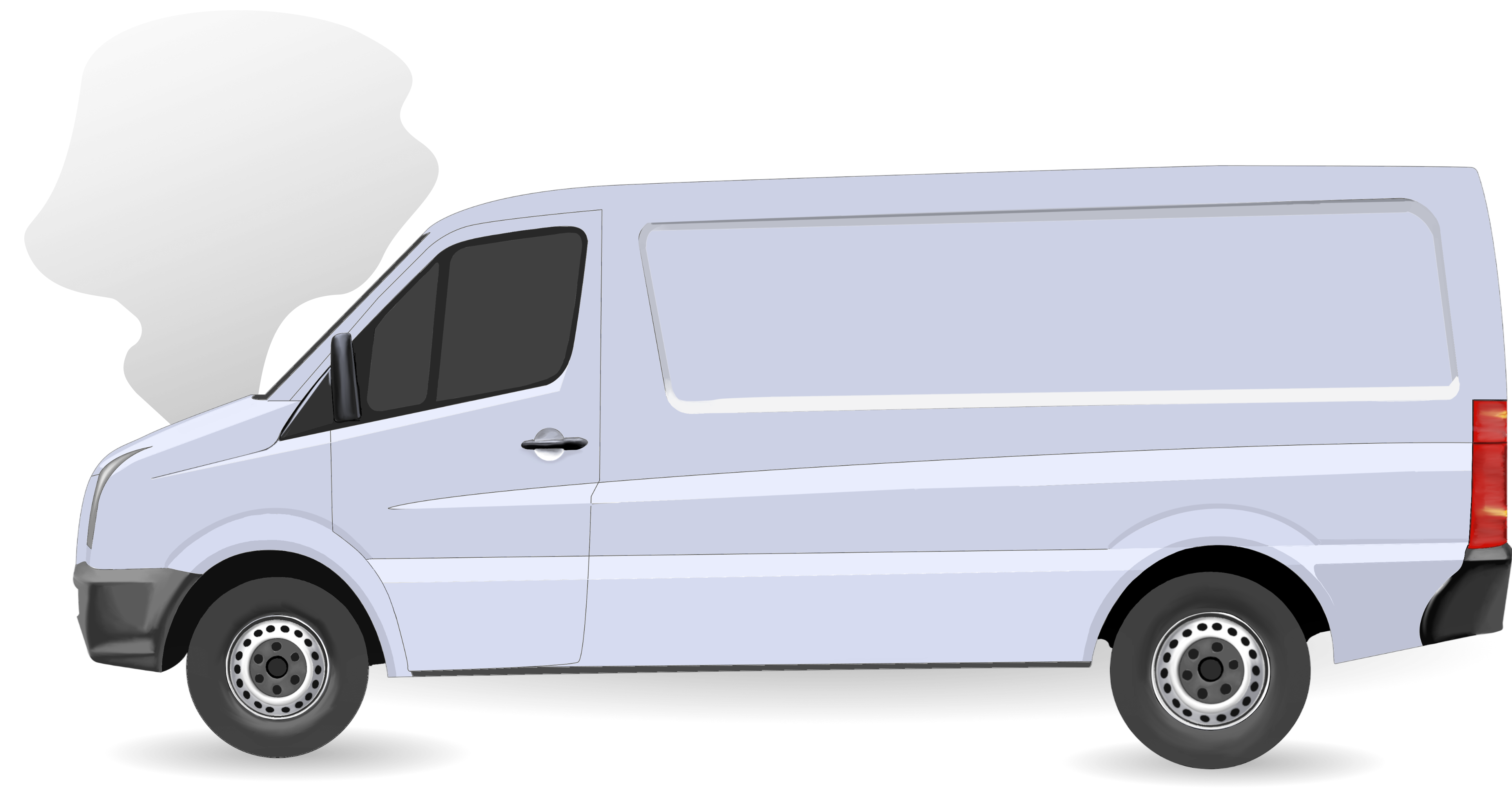 illustration of side profile of white van with smoking coming from the under the hood