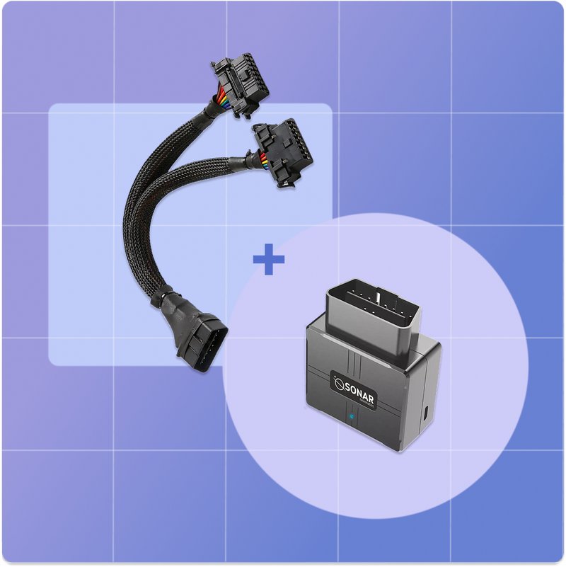 y-splitter and OBD II GPS tracker before a geometric background